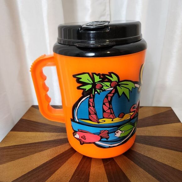 Vintage Retro Betras USA Big Mug Water Bottle Summer Fun Neon Orange Beach 52 Oz - Picture 3 of 13